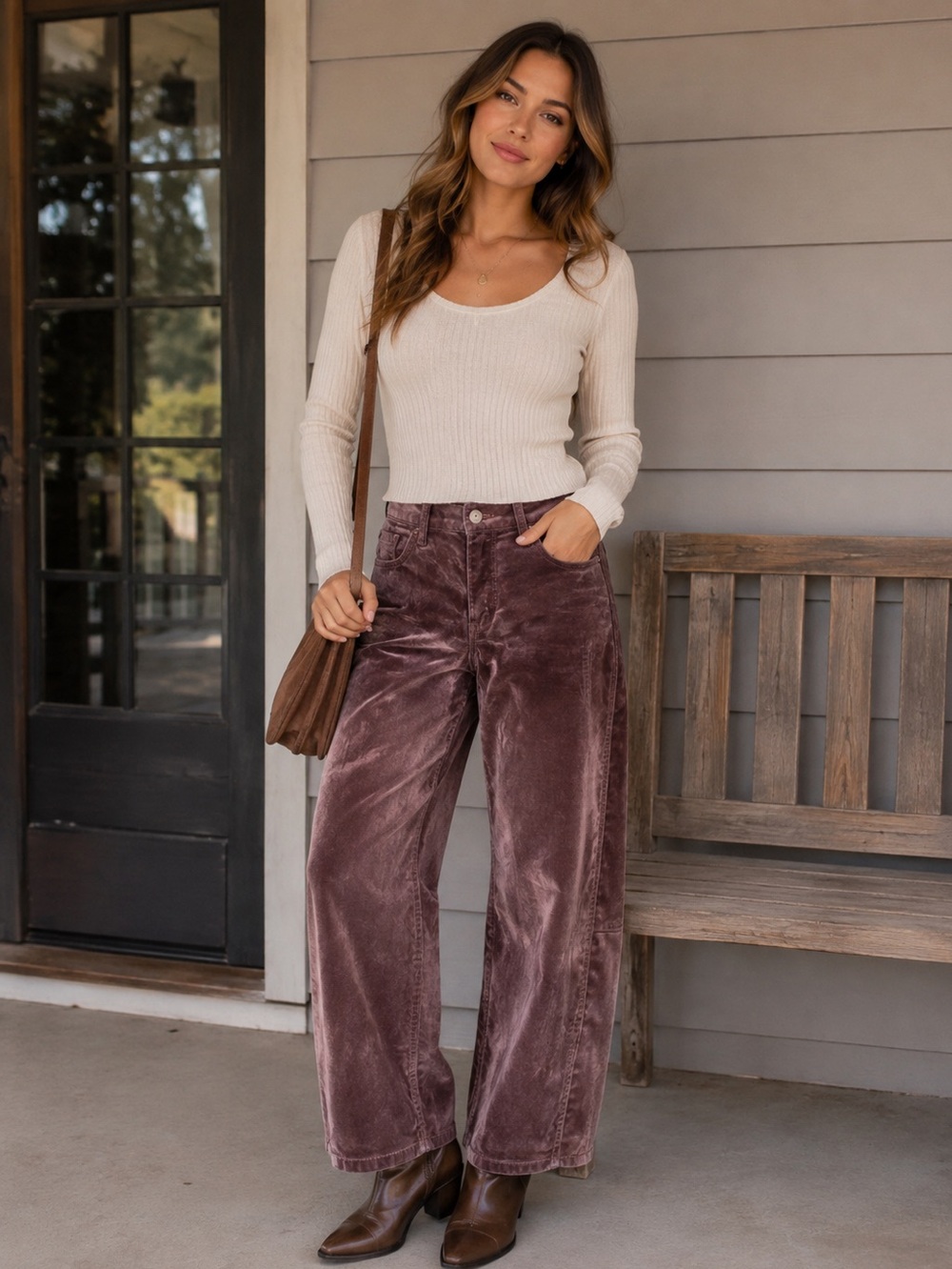 12th Tribe Gracyn Mulberry Velveteen Barrel Pants Size 26 Brown Distressed